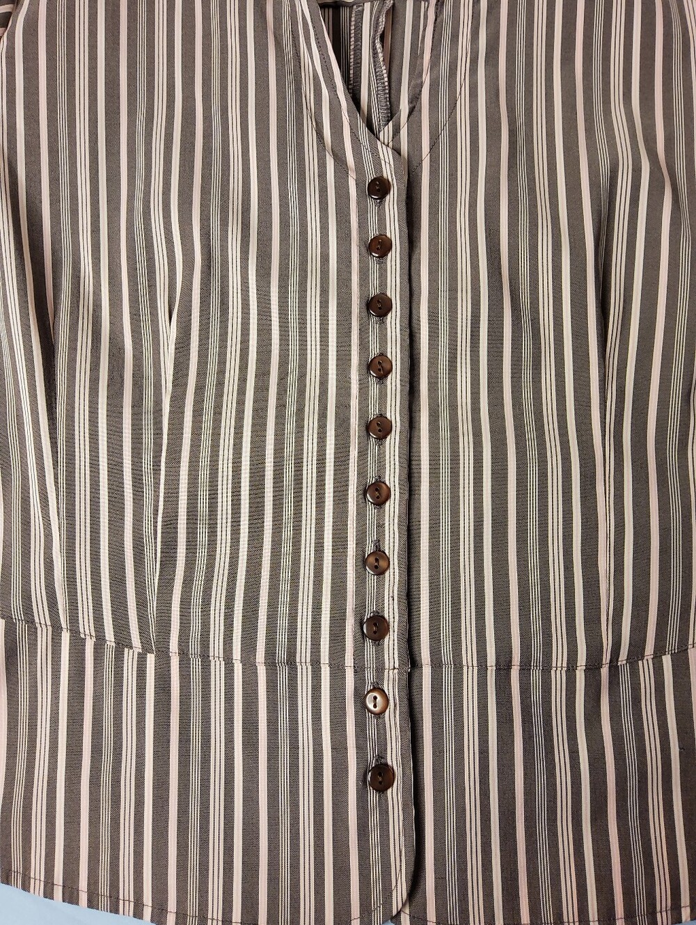 Cato Striped Button-Front Mandarin Collar Blouse in Taupe, Blush Pink, and Cream - Picture 8 of 10
